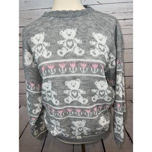 NWT Adele Knitwear‎ Sweater Large Teddy Bears Heart Acrylic USA 80s Vintage Gray